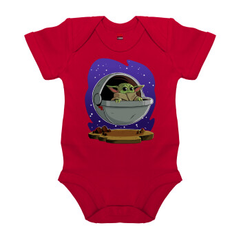 Baby Yoda mandalorian, Βρεφικό φορμάκι μωρού, ΚΟΚΚΙΝΟ, 100% Organic Cotton, κοντομάνικο