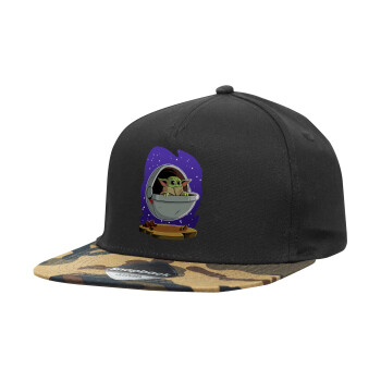 Baby Yoda mandalorian, Adult Flat Snapback Hat Black/Camouflage, (100% COTTON TWILL, ADULT, UNISEX, ONE SIZE)