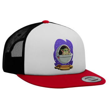 Baby Yoda mandalorian, Adult Foam Flat Snapback with Mesh Red-White-Black (POLYESTER, ADULT, UNISEX, ONE SIZE)