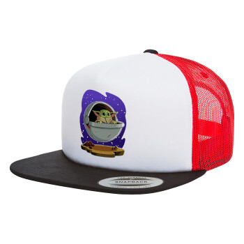 Baby Yoda mandalorian, Adult Foam Flat Snapback with Mesh Black-White-Red (POLYESTER, ADULT, UNISEX, ONE SIZE)