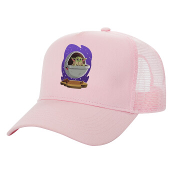 Baby Yoda mandalorian, Adult Structured Trucker Hat, with Mesh, PINK (100% COTTON, ADULT, UNISEX, ONE SIZE)