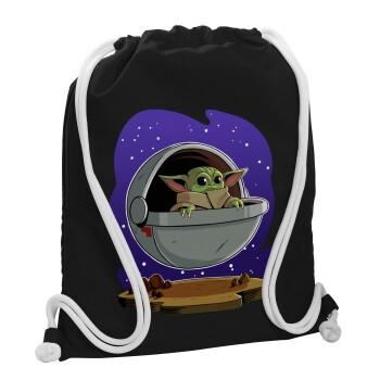 Baby Yoda mandalorian, Backpack pouch GYMBAG Black, with pocket (40x48cm) & thick white cords