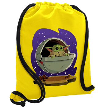 Baby Yoda mandalorian, Backpack pouch GYMBAG Yellow, with pocket (40x48cm) & thick cords