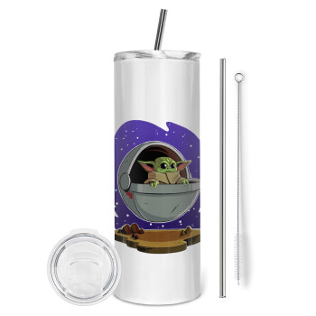 Baby Yoda mandalorian, Eco friendly ποτήρι θερμό (tumbler) από ανοξείδωτο ατσάλι 600ml, με μεταλλικό καλαμάκι & βούρτσα καθαρισμού