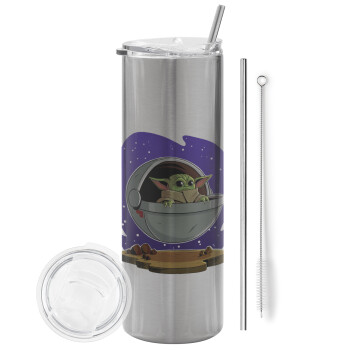 Baby Yoda mandalorian, Tumbler stainless steel Silver 600ml, with metal straw & cleaning brush