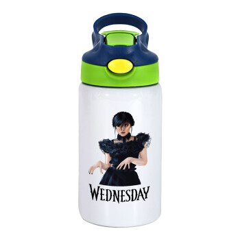 Wednesday Adams, dance with hands, Children's hot water bottle, stainless steel, with safety straw, green, blue (350ml)