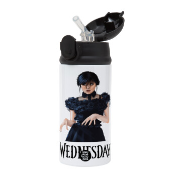 Wednesday Adams, dance with hands, Children's hot water bottle, stainless steel, with safety straw, Black (360ml) BPA-FREE