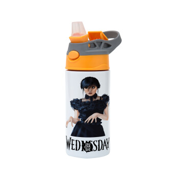 Wednesday Adams, dance with hands, Children's hot water bottle, stainless steel, with safety straw, Orange/Grey (360ml) BPA-FREE