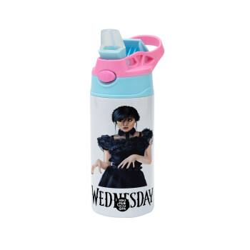 Wednesday Adams, dance with hands, Children's hot water bottle, stainless steel, with safety straw, Pink/BlueCiel (360ml) BPA FREE