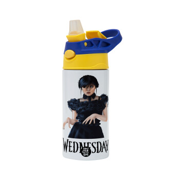 Wednesday Adams, dance with hands, Children's hot water bottle, stainless steel, with safety straw, green, blue (360ml) BPA FREE