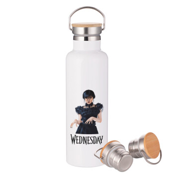 Wednesday Adams, dance with hands, Stainless steel White with wooden lid (bamboo), double wall, 750ml
