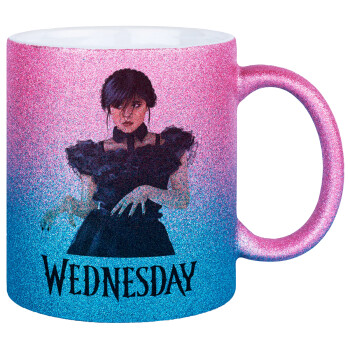 Wednesday Adams, dance with hands, Κούπα Χρυσή/Μπλε Glitter, κεραμική, 330ml