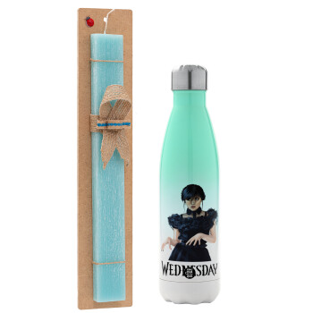 Wednesday Adams, dance with hands, Easter Set, Metallic green/white thermos (Stainless steel), double-walled, 500ml & scented flat Easter candle (30cm) (TURQUOISE)