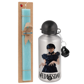 Wednesday Adams, dance with hands, Easter Set, metallic silver aluminum water bottle (500ml) & scented flat Easter candle (30cm) (TURQUOISE)