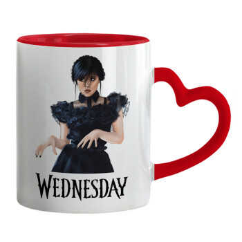 Wednesday Adams, dance with hands, Mug heart red handle, ceramic, 330ml