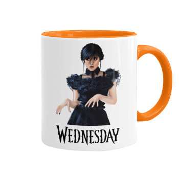 Wednesday Adams, dance with hands, Mug colored orange, ceramic, 330ml