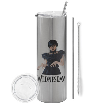 Wednesday Adams, dance with hands, Tumbler stainless steel Silver 600ml, with metal straw & cleaning brush