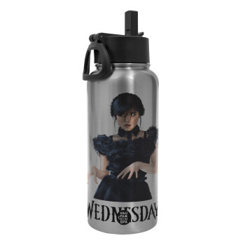 Wednesday Adams, dance with hands, Metal mug thermo Silver with Straw and Spout Lid (Stainless steel), double wall, 950ml