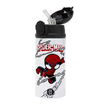 Spiderman kid, Children's hot water bottle, stainless steel, with safety straw, Black (360ml) BPA-FREE