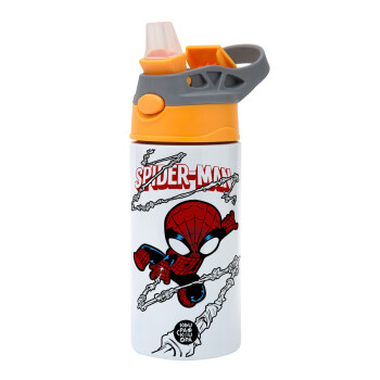 Spiderman kid, Children's hot water bottle, stainless steel, with safety straw, Orange/Grey (360ml) BPA-FREE