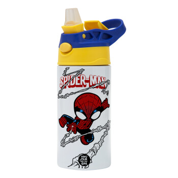 Spiderman kid, Children's hot water bottle, stainless steel, with safety straw, green, blue (360ml) BPA FREE