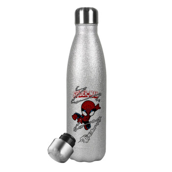 Spiderman kid, Metallic Glitter Silver Thermos Flask (Stainless steel), double-walled, 500ml