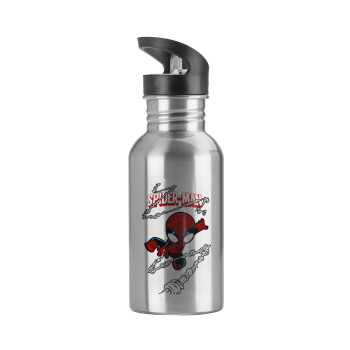 Spiderman kid, Water bottle Silver with straw, stainless steel 600ml