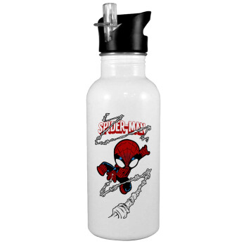 Spiderman kid, White water bottle with straw, stainless steel 600ml