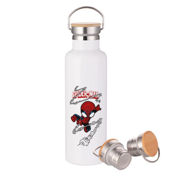 Spiderman kid, Stainless steel White with wooden lid (bamboo), double wall, 750ml