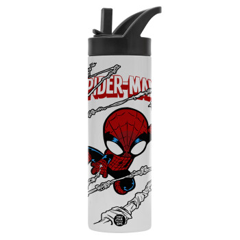 Spiderman kid, Μεταλλικό παγούρι θερμός με καλαμάκι & χειρολαβή, ανοξείδωτο ατσάλι (Stainless steel 304), διπλού τοιχώματος, 600ml