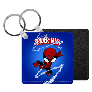 Spiderman kid, Μπρελόκ Δερματίνη, τετράγωνο ΜΑΥΡΟ (5x5cm)