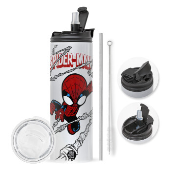 Spiderman kid, Travel Tumbler θερμό με διπλό καπάκι, μεταλλικό καλαμάκι και βούρτσα καθαρισμού (Ανωξείδωτο 304 Food grade, BPA free, 600ml)