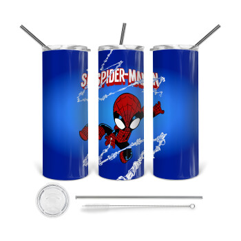 Spiderman kid, 360 Eco friendly ποτήρι θερμό (tumbler) από ανοξείδωτο ατσάλι 600ml, με μεταλλικό καλαμάκι & βούρτσα καθαρισμού