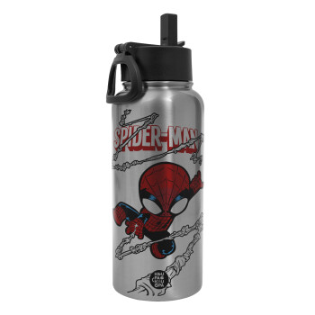 Spiderman kid, Metal mug thermo Silver with Straw and Spout Lid (Stainless steel), double wall, 950ml