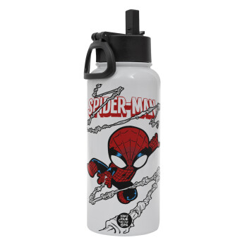 Spiderman kid, Metal mug thermo White with Straw and Spout Lid (Stainless steel), double wall, 950ml