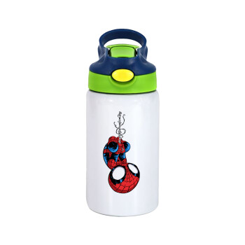 Spiderman upside down, Children's hot water bottle, stainless steel, with safety straw, green, blue (350ml)