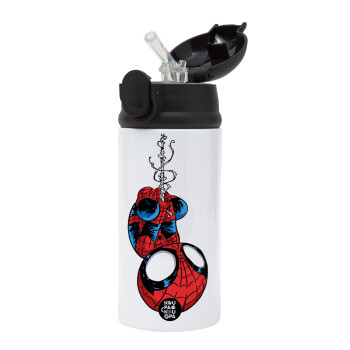 Spiderman upside down, Children's hot water bottle, stainless steel, with safety straw, Black (360ml) BPA-FREE