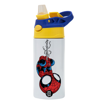 Spiderman upside down, Children's hot water bottle, stainless steel, with safety straw, green, blue (360ml) BPA FREE