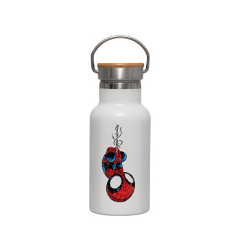 Spiderman upside down, Μεταλλικό παγούρι θερμός (Stainless steel) Λευκό με ξύλινο καπακι (bamboo), διπλού τοιχώματος, 350ml