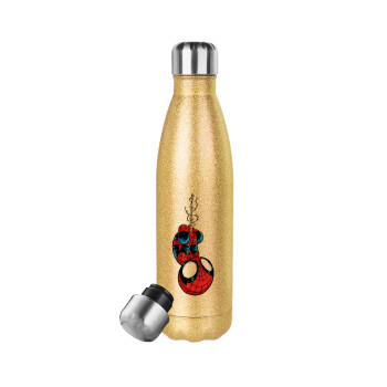 Spiderman upside down, Glitter gold stainless steel thermos bottle, double-walled, 500ml