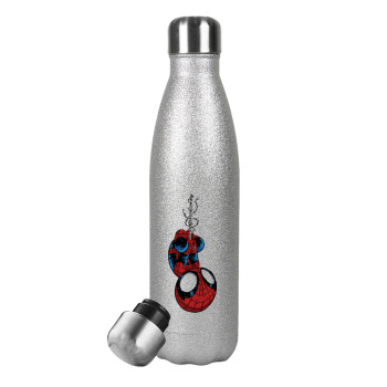 Spiderman upside down, Μεταλλικό παγούρι θερμός Glitter Aσημένιο (Stainless steel), διπλού τοιχώματος, 500ml