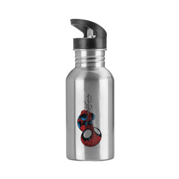 Spiderman upside down, Water bottle Silver with straw, stainless steel 600ml