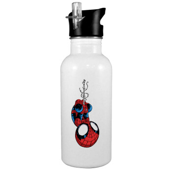 Spiderman upside down, White water bottle with straw, stainless steel 600ml