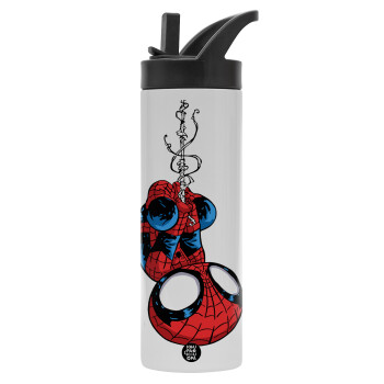 Spiderman upside down, Μεταλλικό παγούρι θερμός με καλαμάκι & χειρολαβή, ανοξείδωτο ατσάλι (Stainless steel 304), διπλού τοιχώματος, 600ml