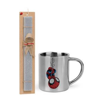 Spiderman upside down, Easter Set, metallic thermal cup (300ml) & Easter aromatic flat candle (30cm) (GRAY)