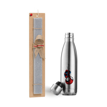 Spiderman upside down, Easter Set, metallic stainless thermos flask (500ml) & scented flat Easter candle (30cm) (GRAY)