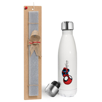 Spiderman upside down, Easter candle, metallic white thermos bottle (500ml) & aromatic flat candle (30cm) (GRAY)