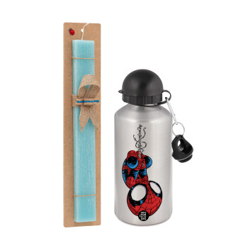 Spiderman upside down, Πασχαλινό Σετ, παγούρι μεταλλικό Ασημένιο αλουμινίου (500ml) & πασχαλινή λαμπάδα αρωματική πλακέ (30cm) (ΤΙΡΚΟΥΑΖ)