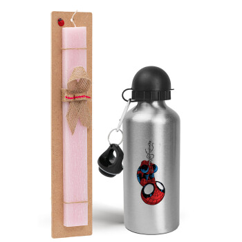 Spiderman upside down, Easter Set, metallic Silver aluminum water bottle (500ml) & scented flat Easter candle (30cm) (PINK)