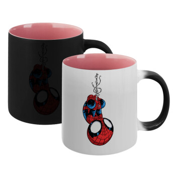 Spiderman upside down, Κούπα Μαγική εσωτερικό ΡΟΖ, κεραμική 330ml που αλλάζει χρώμα με το ζεστό ρόφημα (1 τεμάχιο)